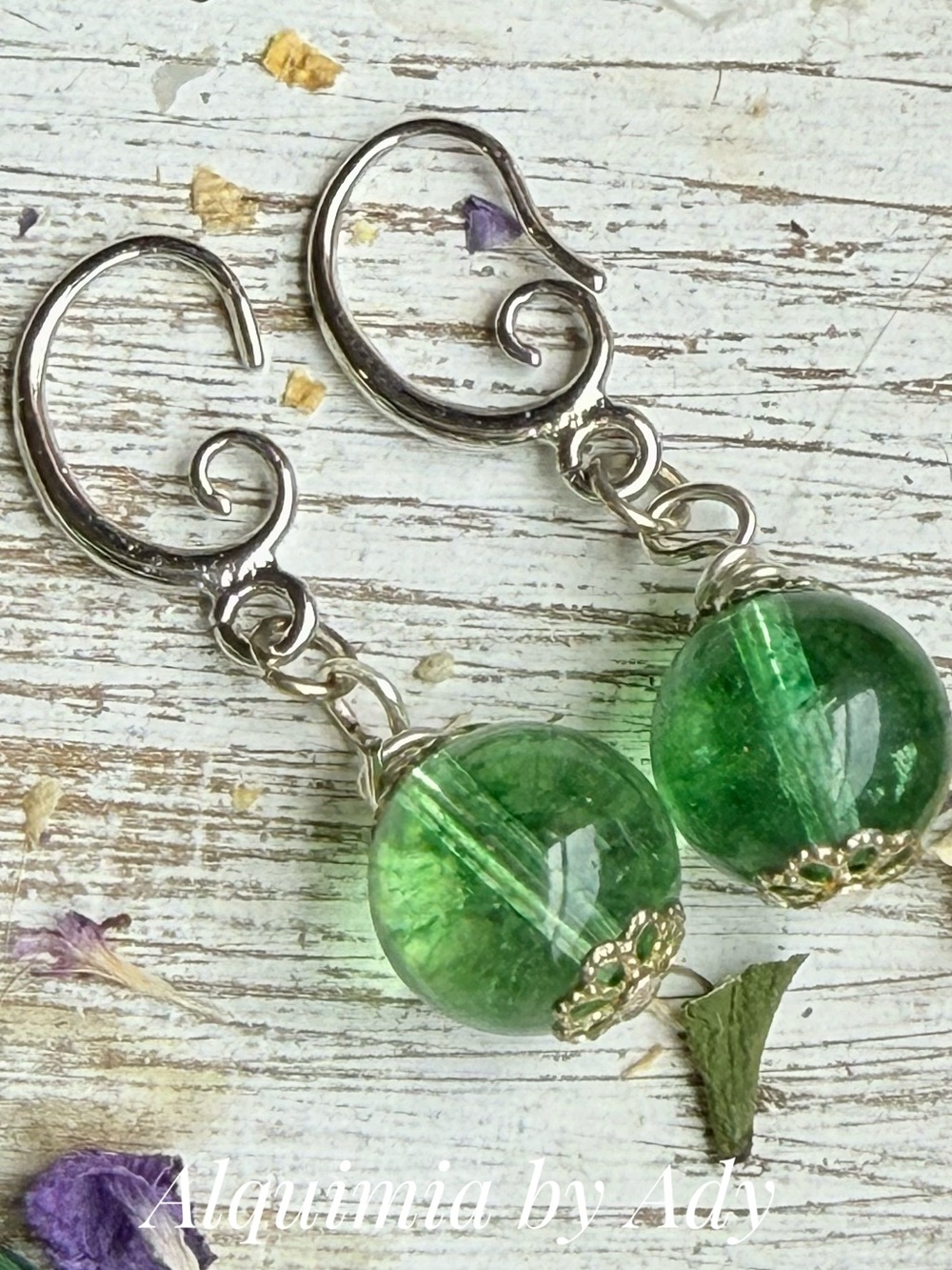 Bright Green Ghost quartz Orb Drop Earrings with Silver Swirl Hooks